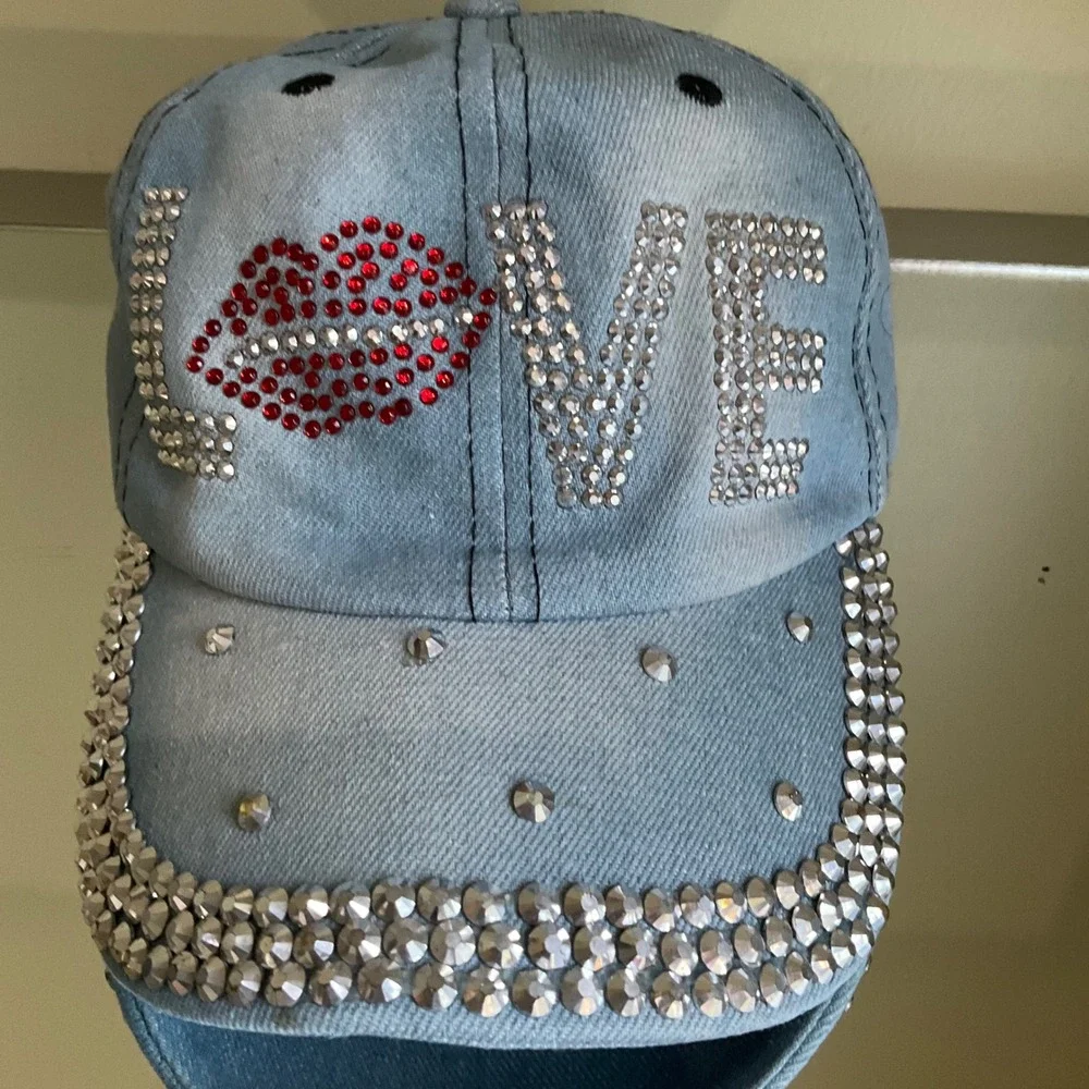 Y2K Bling Rhinestone LOVE Lips Denim Baseball Cap LightWash Studded Jean Dad Hat